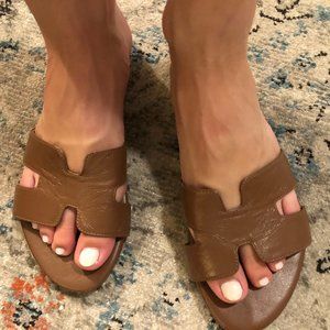 H Shaped Slides Sandal in Cognac Brown from French Sole - Size 6.5